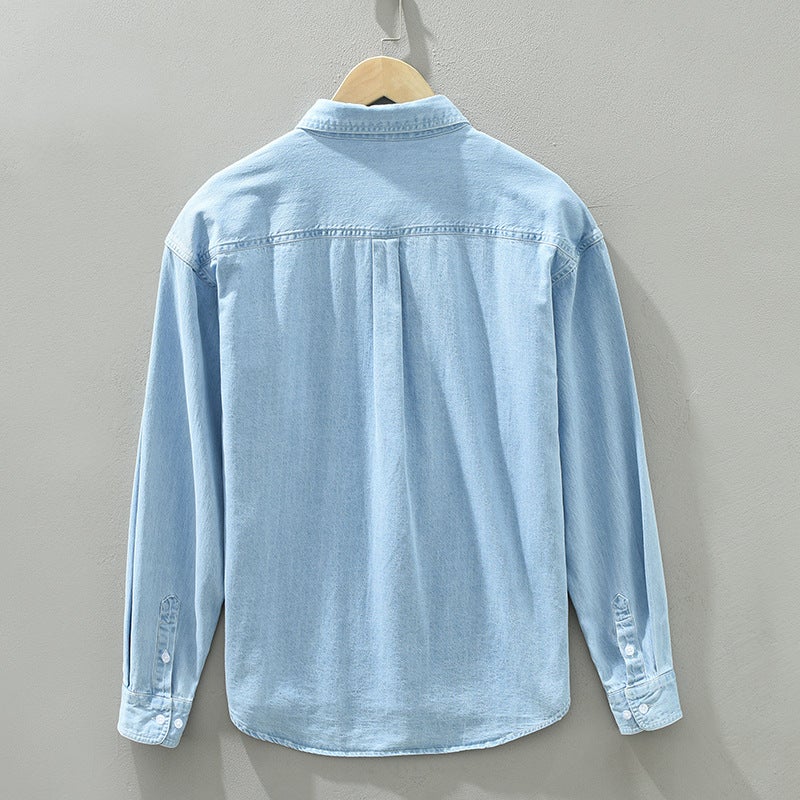 Pure cotton mens Denim shirt coat long sleeve fashion mens tooling shirt loose Japanese casual shirt factory wholesale Dark blue - Image 4