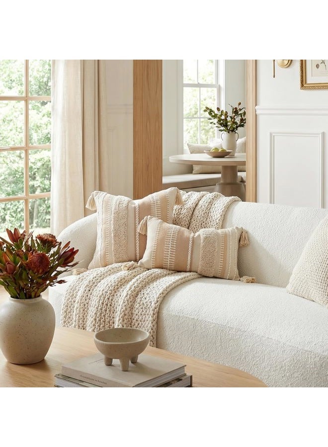 BlissBlush Decorative Throw Pillow Cover 20x20 Square Cream Neutral White Boho Accent Pillowcase Tassels Farmhouse Cushion for Couch Sofa Bedroom Living Room Home Décor (Cover ONLY, Pack of 1) - Image 2