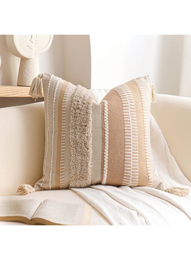 BlissBlush Decorative Throw Pillow Cover 20x20 Square Cream Neutral White Boho Accent Pillowcase Tassels Farmhouse Cushion for Couch Sofa Bedroom Living Room Home Décor (Cover ONLY, Pack of 1) - Image 1