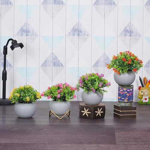 Dekorly® Artificial Potted Plants Bathroom Fake Multicolor Plant Office Table Decor Mini Green Faux Topiary Kitchen Cabinet Farmhouse Decorations | Pack of 4 - Image 1