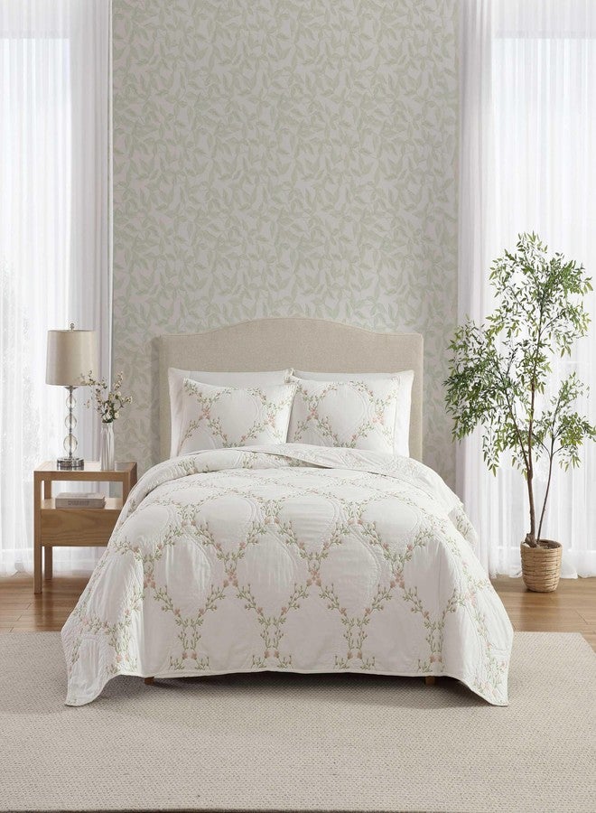 Laura Ashley - Full/Queen Quilt Set, Super Soft & Breathable Embroidered Bedding with Matching Sham(s), Floral Home Decor (Floral Embroidery Pink, Full/Queen) - Image 1