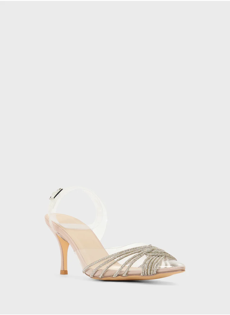 Truffle Diamante Embilleshed Pointy Pump