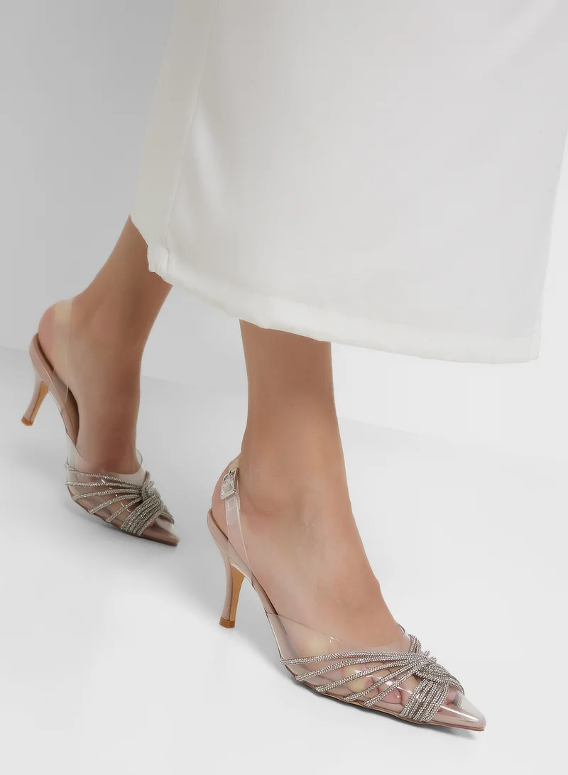 Truffle Diamante Embilleshed Pointy Pump