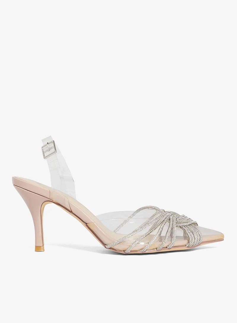 Truffle Diamante Embilleshed Pointy Pump