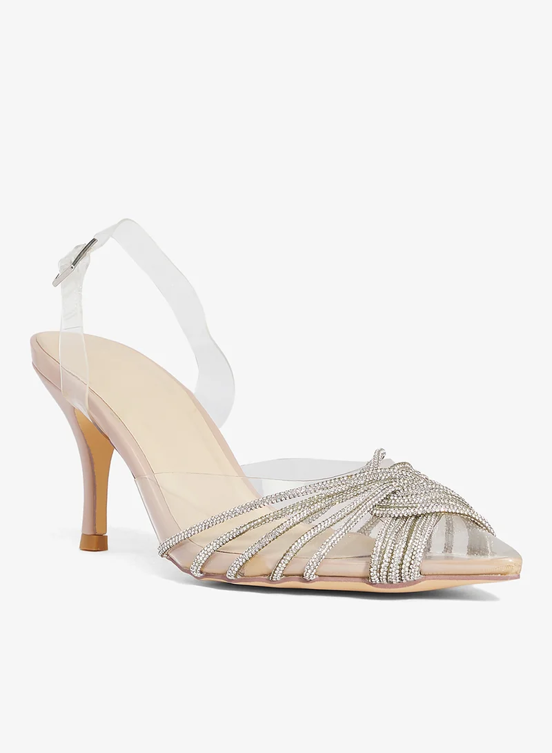 Truffle Diamante Embilleshed Pointy Pump