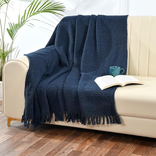 SASHAA WORLD Weaved Navy Cotton Throw | Ideal for Your Home, Living Room, Sofa, Bed, Chair, Picnic & Used for Gift | 130X180 cm - Image 1