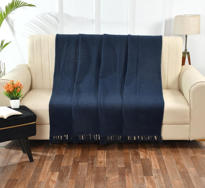 SASHAA WORLD Weaved Navy Cotton Throw | Ideal for Your Home, Living Room, Sofa, Bed, Chair, Picnic & Used for Gift | 130X180 cm - Image 2