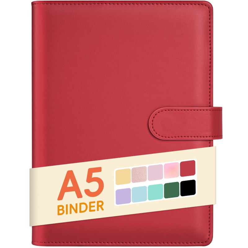 Sooez A5 Notebook Photocard Binder, 6 Ring Planner, Stylish Loose Leaf Personal Organizer Cover with Magnetic Buckle, PU Leather Binder Women with Soft Colors (Red) - Image 1