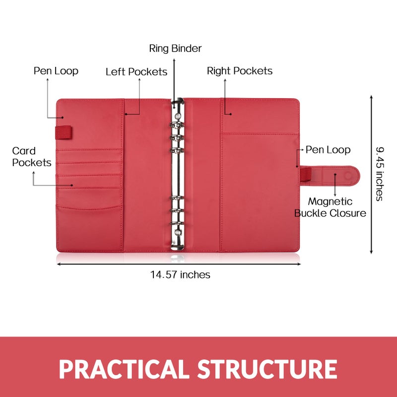 Sooez A5 Notebook Photocard Binder, 6 Ring Planner, Stylish Loose Leaf Personal Organizer Cover with Magnetic Buckle, PU Leather Binder Women with Soft Colors (Red) - Image 2