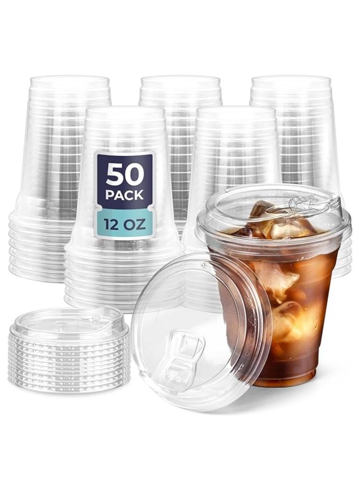 [50 عبوة] أكواب بلاستيكية شفافة سعة 12 أونصة مع أغطية للشرب بدون القش، أكواب قهوة بلاستيكية للاستعمال مرة واحدة - Image 1