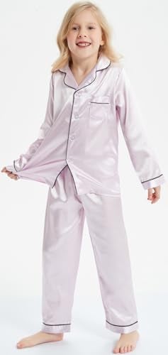 OEIU Kid Silky Satin Pajamas Set for Girls Boys pj Set Sleepwear Button-up Lounge Sets Nightwear Light Purple 130 - Image 5