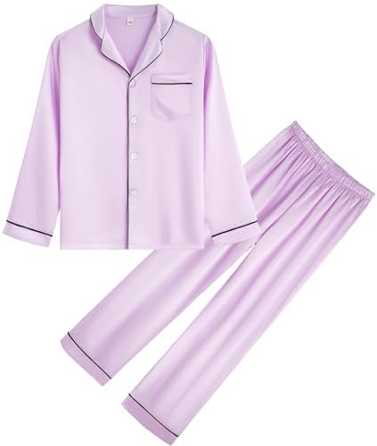 OEIU Kid Silky Satin Pajamas Set for Girls Boys pj Set Sleepwear Button-up Lounge Sets Nightwear Light Purple 130 - Image 1
