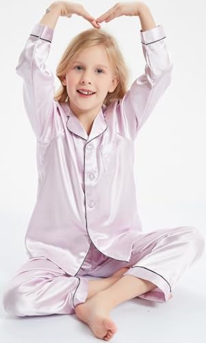 OEIU Kid Silky Satin Pajamas Set for Girls Boys pj Set Sleepwear Button-up Lounge Sets Nightwear Light Purple 130 - Image 2
