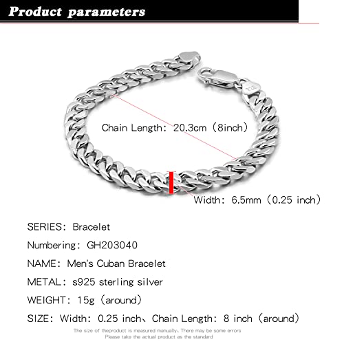 H&Beautimer 925 Sterling Silver Italian Handmade - 0.25-0.5'' Classic Miami Cuban Chain Bracelet For Men - Party Fine Jewelry Original Silver Bracelet 7-10'' Length (Flat Style 6.5MM, 8.5 Inches) - Image 2