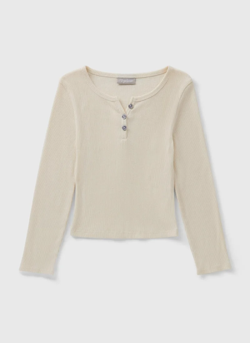 ماتلان Girls Cream Ribbed Henley Button Top