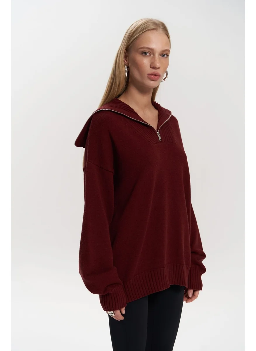 Mai Collection Lorna Zippered Burgundy Knit Sweater