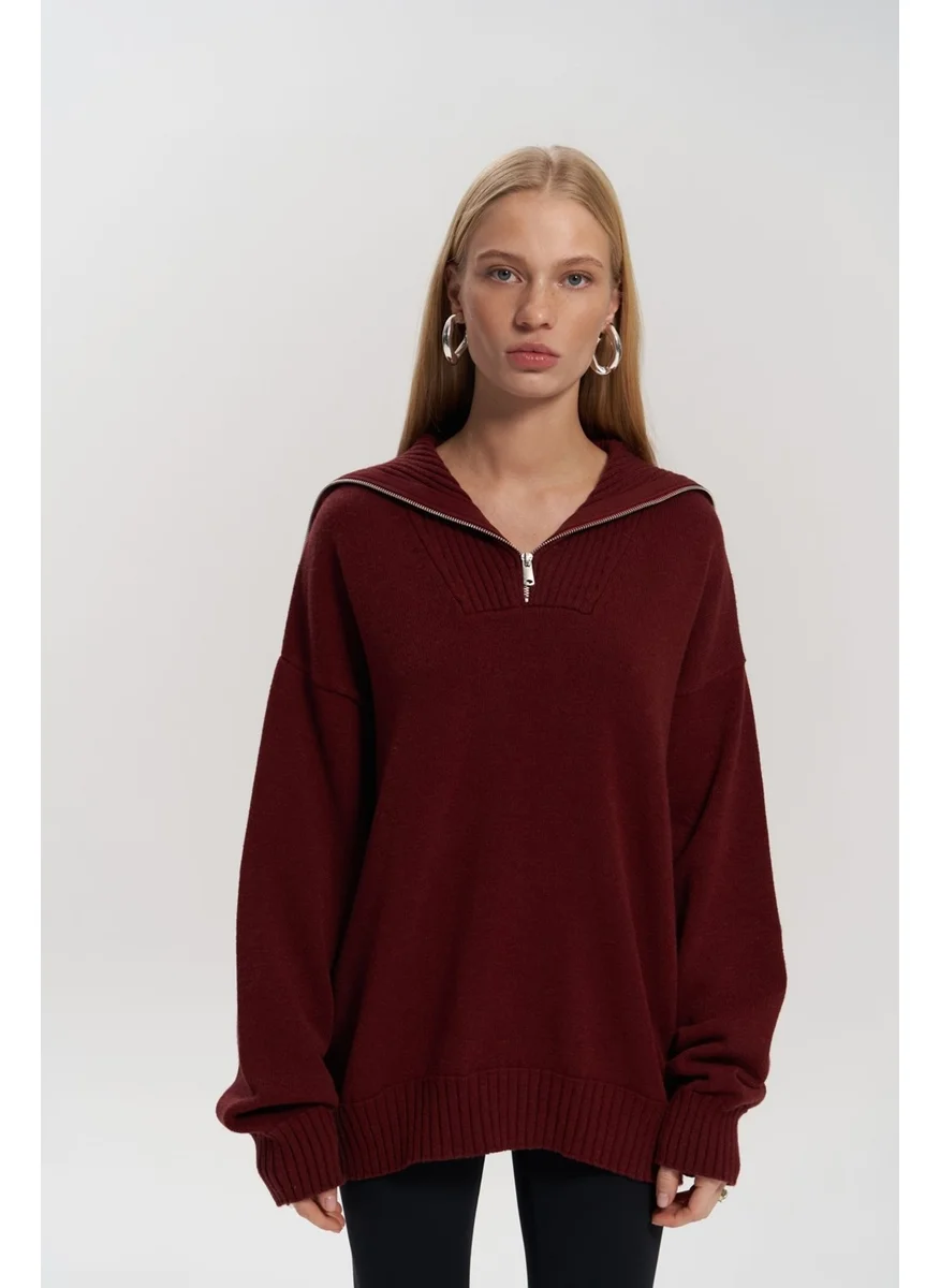 Mai Collection Lorna Zippered Burgundy Knit Sweater