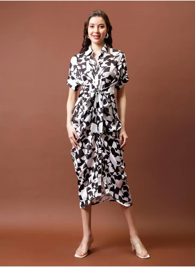 أثينا Printed Satin Shirt Midi Dress with Pleated Detail