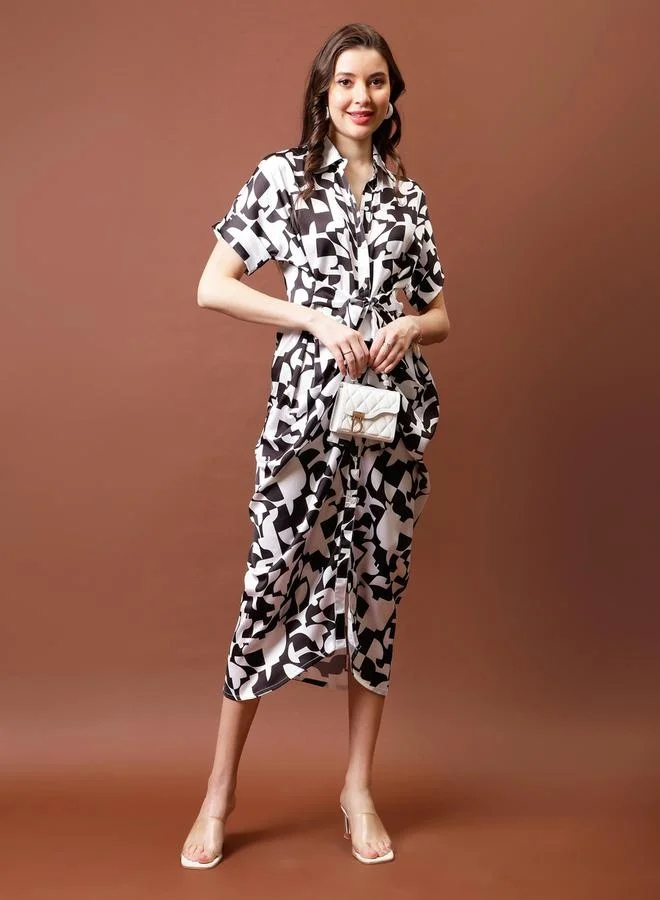 Athena Athena Printed Satin Shirt Midi Dress with Pleated Detail