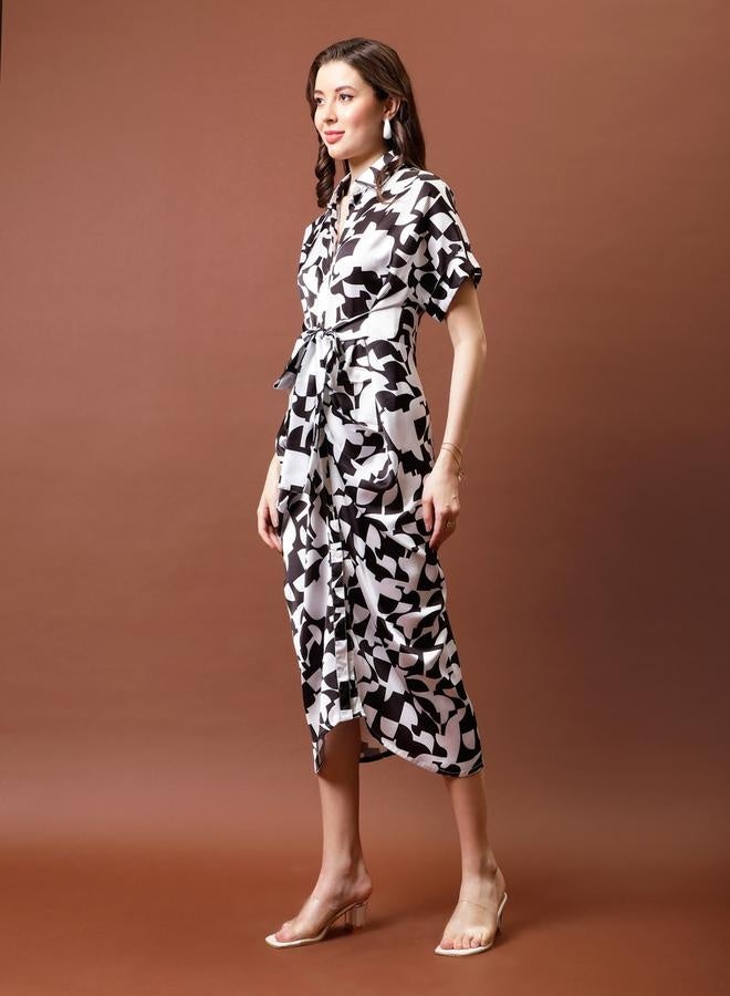 Athena Athena Printed Satin Shirt Midi Dress with Pleated Detail - Image 3