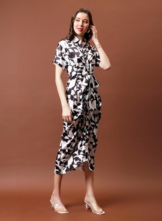 Athena Athena Printed Satin Shirt Midi Dress with Pleated Detail - Image 4