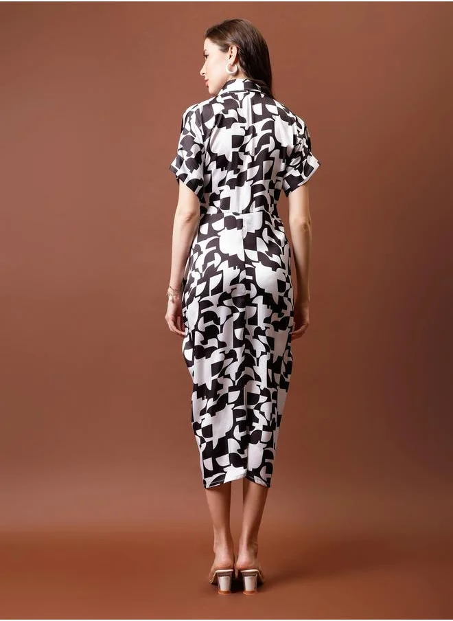 أثينا Printed Satin Shirt Midi Dress with Pleated Detail