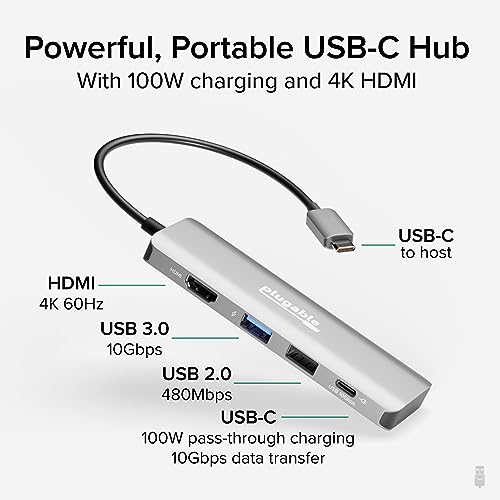 Plugable USB C Hub Multiport Adapter 4 in 1 100W Pass Through Charging USB C to HDMI 4K 60Hz Multi USB Port Hub for Windows Mac Ipad Pro Chromebook Thunderbolt USBC4IN1 - Image 3