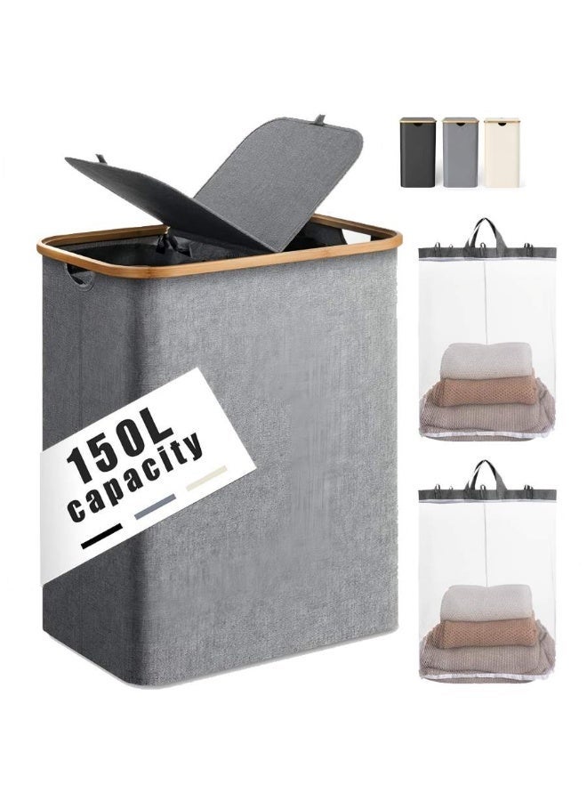 سلة غسيل كبيرة سعة 150 لترًا مع حجرة مزدوجة - سلة قابلة للطي من قماش أكسفورد مع غطاء مقاوم للغبار ومقابض من الخيزران للملابس والألعاب والمناشف - موفرة للمساحة - (14.5 بوصة طول × 22.4 بوصة عرض × 27.1 بوصة ارتفاع) - Image 1