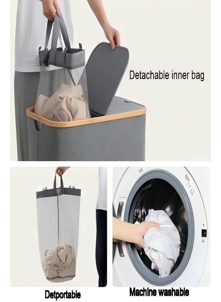 سلة غسيل كبيرة سعة 150 لترًا مع حجرة مزدوجة - سلة قابلة للطي من قماش أكسفورد مع غطاء مقاوم للغبار ومقابض من الخيزران للملابس والألعاب والمناشف - موفرة للمساحة - (14.5 بوصة طول × 22.4 بوصة عرض × 27.1 بوصة ارتفاع) - Image 2