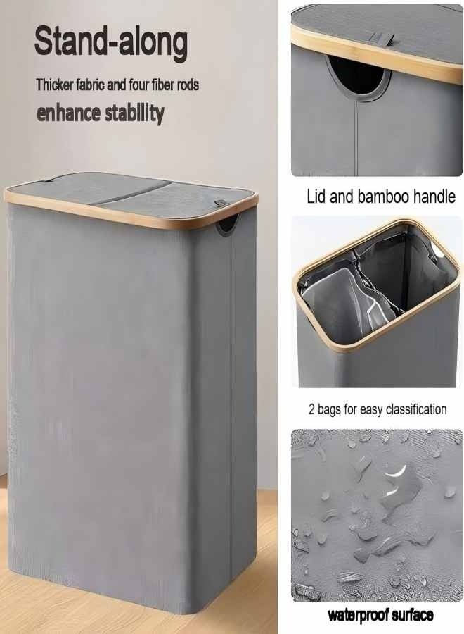 سلة غسيل كبيرة سعة 150 لترًا مع حجرة مزدوجة - سلة قابلة للطي من قماش أكسفورد مع غطاء مقاوم للغبار ومقابض من الخيزران للملابس والألعاب والمناشف - موفرة للمساحة - (14.5 بوصة طول × 22.4 بوصة عرض × 27.1 بوصة ارتفاع) - Image 4