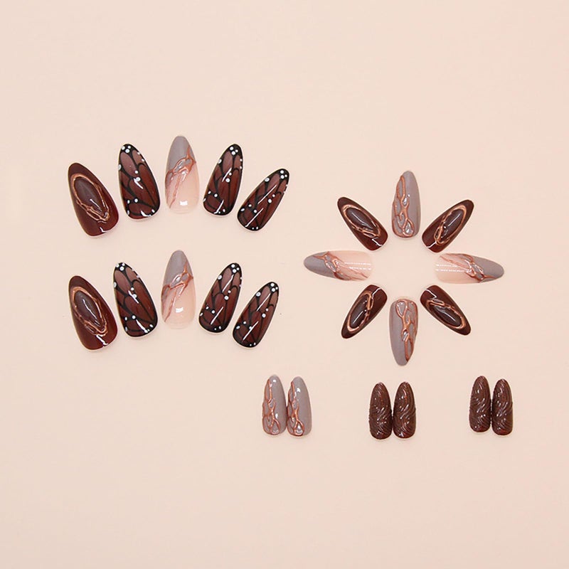 ASABITE 24Pcs Brown Almond Press on Nails Medium Fake Nails with Glue Reusable False Nails with Butterfly Wings Golden Line Design Artificial Acrylic Nails Press ons Full Cover Holiday Stick on Nail for Women - Image 4