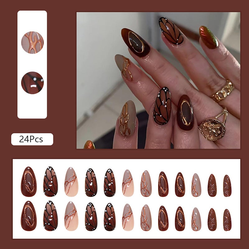ASABITE 24Pcs Brown Almond Press on Nails Medium Fake Nails with Glue Reusable False Nails with Butterfly Wings Golden Line Design Artificial Acrylic Nails Press ons Full Cover Holiday Stick on Nail for Women - Image 2