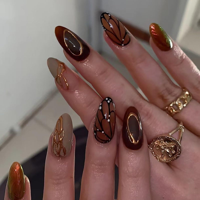 ASABITE 24Pcs Brown Almond Press on Nails Medium Fake Nails with Glue Reusable False Nails with Butterfly Wings Golden Line Design Artificial Acrylic Nails Press ons Full Cover Holiday Stick on Nail for Women - Image 1
