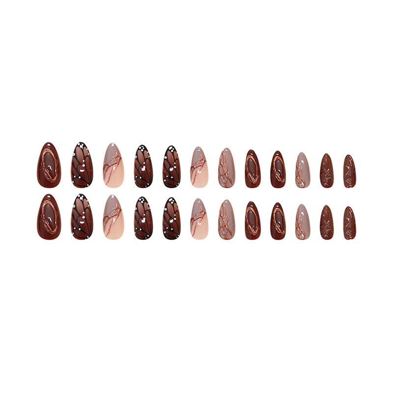 ASABITE 24Pcs Brown Almond Press on Nails Medium Fake Nails with Glue Reusable False Nails with Butterfly Wings Golden Line Design Artificial Acrylic Nails Press ons Full Cover Holiday Stick on Nail for Women - Image 5