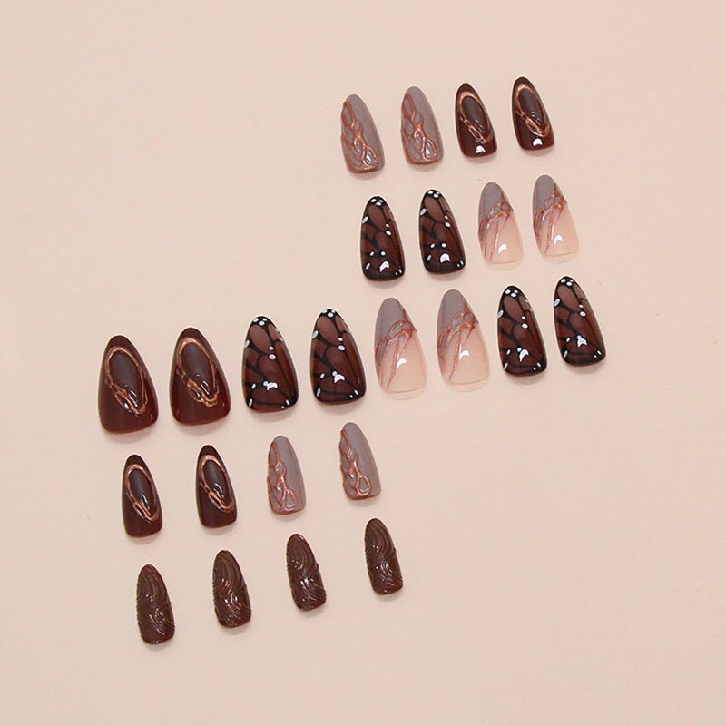 ASABITE 24Pcs Brown Almond Press on Nails Medium Fake Nails with Glue Reusable False Nails with Butterfly Wings Golden Line Design Artificial Acrylic Nails Press ons Full Cover Holiday Stick on Nail for Women - Image 3