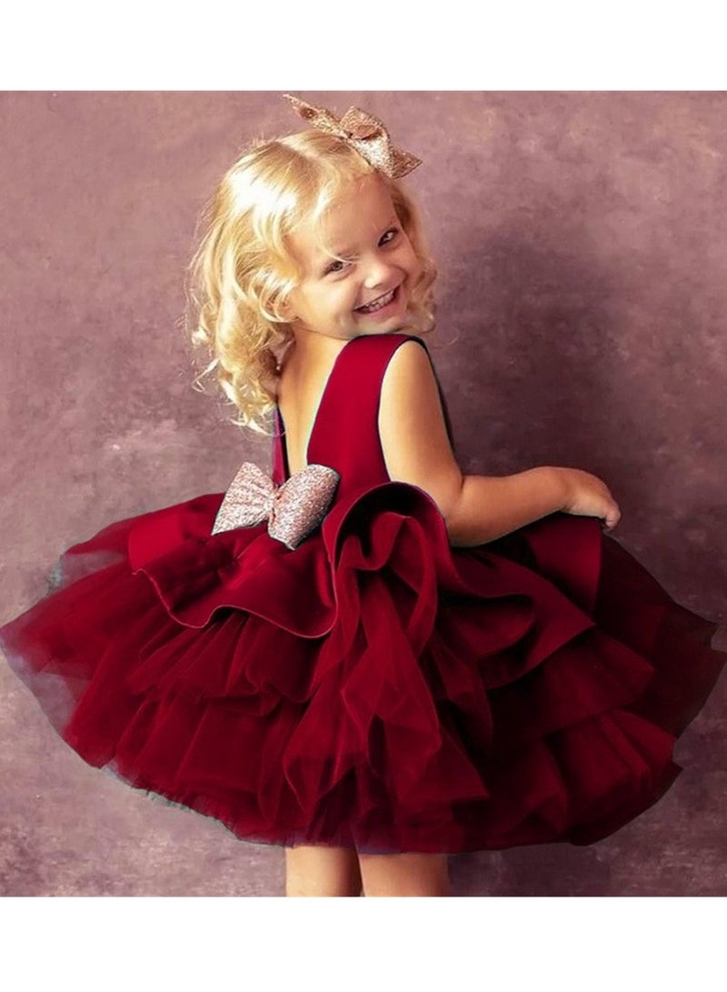 Baby & Toddler Girls' Occasion Bow Princess Dresses Wedding Flower Girl Tiered Dress Fancy Ball Gown with Headband - Image 3