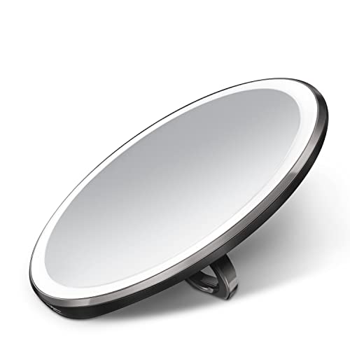 simplehuman Sensor Mirror, Lighted Compact Makeup Magnifying Mirror with Light, Round, Travel Size, Black Stainless Steel - Image 1