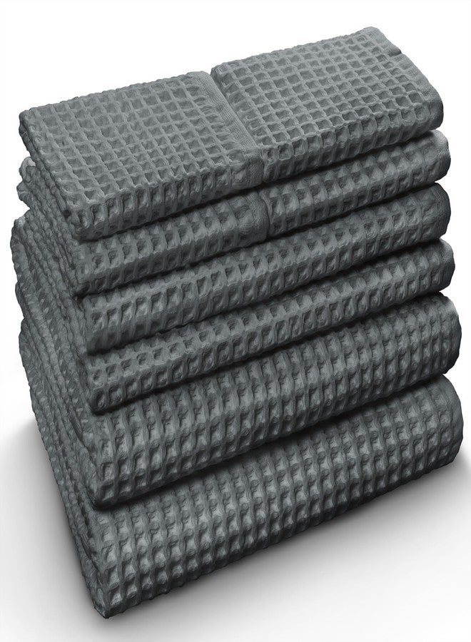 Softerry European Waffle Weave Bath Towel Set - 100% Organic Cotton - Quick Dry Lint Free Thin and Absorbent - Fade Resistant - Eco-Friendly (Set of 8, Space Gray) - Image 1
