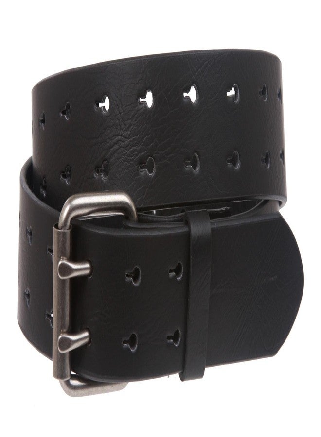 Snap On Two Row Cut-out Holes Leather Belt, Black | L - 39
