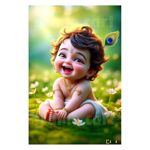 Frame Cart Baby Krishna Poster - Bal Gopal Photo | Kanha Ji Religious photo for Pregnant Women Bedroom Wall | Unframed Vinyl Poster 12x18 (Design 04) - Image 1