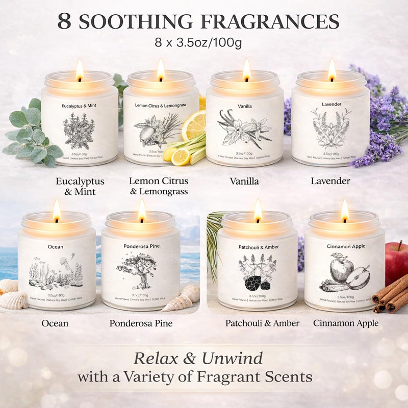 YINUO LIGHT Scented Candles for Home, 8 Pack Soy Wax Gift Set for Women, Aromatherapy Candles, Lavender, Vanilla, Eucalyptus Mint, Ocean - Image 2