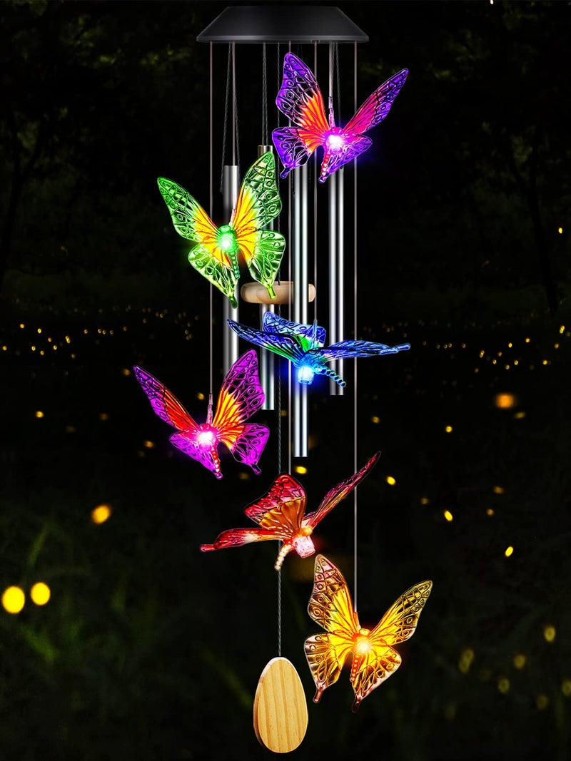 Butterfly Solar Wind Chimes with Aluminum Tubes  Color Changing Wind Chimes for Outside  Thanksgiving Gift