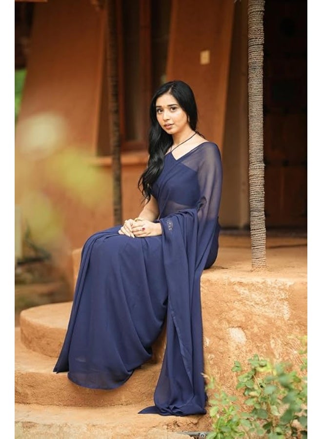 Sidhidata ساري نسائي سادة من قماش الجورجيت من سيديداتا، جاهز للارتداء في دقيقة واحدة، مع قطعة بلوزة غير مخيطة. - Image 4