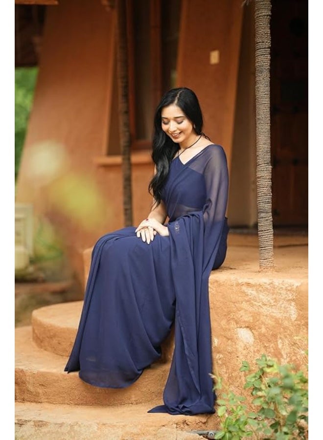 Sidhidata ساري نسائي سادة من قماش الجورجيت من سيديداتا، جاهز للارتداء في دقيقة واحدة، مع قطعة بلوزة غير مخيطة. - Image 2