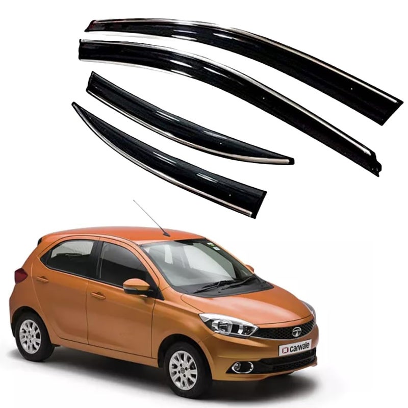 ROYALTECH Premium Chromeline & Silverline Unbreakable Car Rear Window Wind Deflectors & Side Door Visor Rain Guard Compatible with (Tata Tiago (2016-2020)) - Image 1