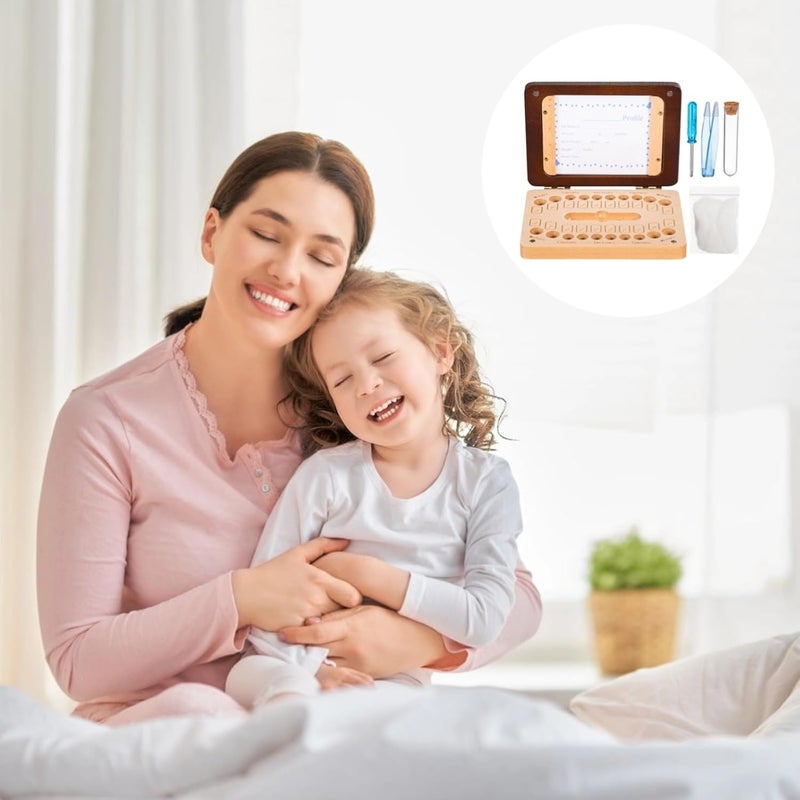 صندوق تذكار الأسنان للأسنان المفقودة، علبة خشبية لتخزين الذكريات مع بطاقة بيانات، إطار عرض لتنظيم أول سنة، للأولاد - Image 3