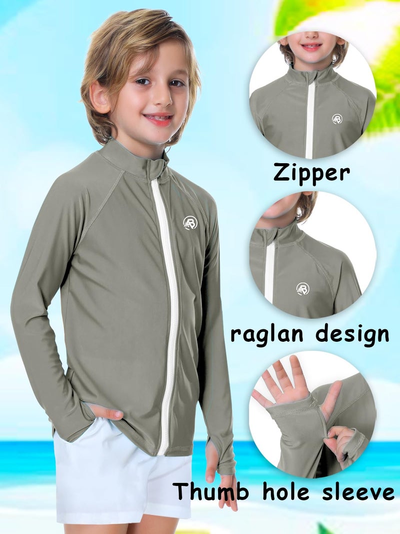 AOBUTE Girls Long Sleeve Rash Guard Shirts Boys Swim Shirts with Zipper SPF 50 UV Protection Sun Shirt Grey 9-10 Years - Image 3