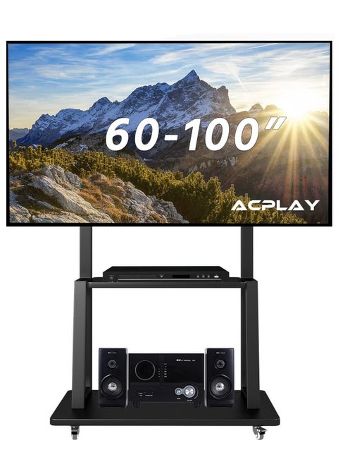 Mobile TV Cart for 60"-100" Large TVs up to 220lbs, Rolling TV Stand with Wheels, Heavy Duty Base, Height Adjustable with Movable Storage Shelf, Max VESA 1000x600mm