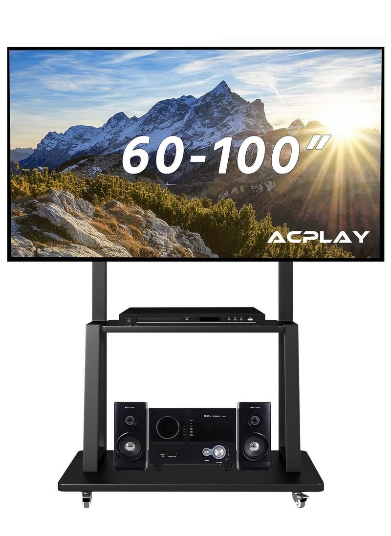 ACPLAY - Mobile TV Cart for 60"-100" Large TVs up to 220lbs, Rolling TV Stand with Wheels, Heavy Duty Base, Height Adjustable with Movable Storage Shelf, Max VESA 1000x600mm - Image 1