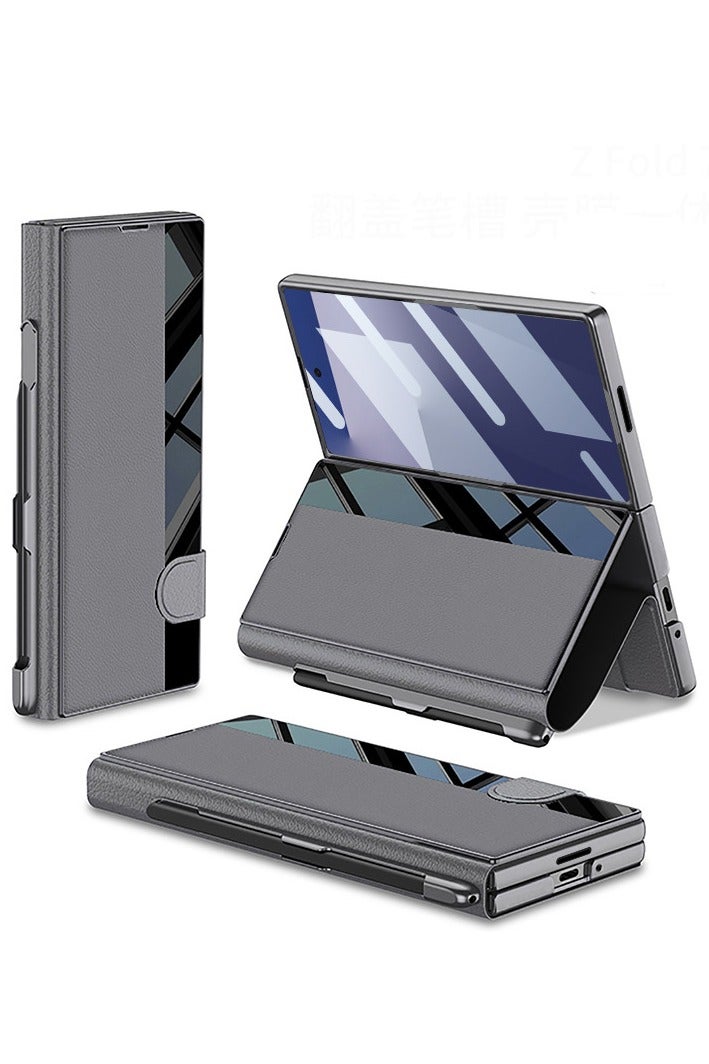 غطاء سامسونج جالكسي Z فولد 7 - جلد صناعي مغناطيسي، مقاوم للصدمات، مع حامل قلم S ووظيفة الحامل، وواقي شاشة مدمج.
